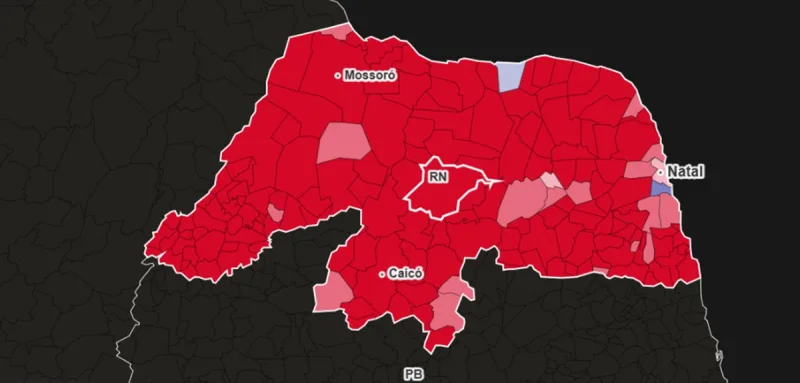 Mapa das Eleições no Rio Grande do Norte demonstrando a votação presidencial por cidade.