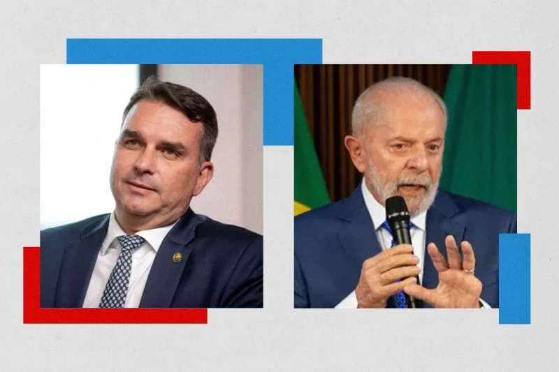 Foto de Flávio Bolsonaro e Lula lado a lado em montagem jornalística.
