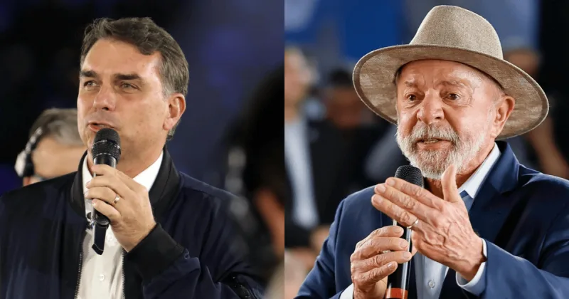 Montagem fotográfica com os rostos de Flávio e Lula sobrepostos ao tema das Eleições 2026.