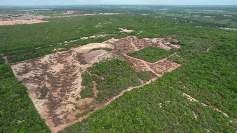 Imagem aérea de área desmatada em Estivas, Extremoz, foco de investigação do MPRN.