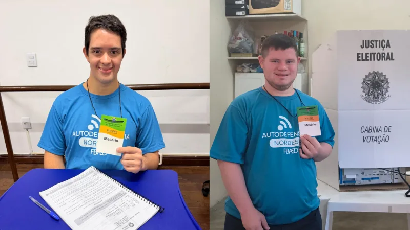 Dois jovens mesários com síndrome de Down participando das Eleições 2026 em Natal, Rio Grande do Norte.