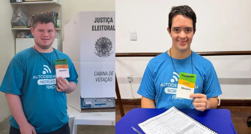 Dois jovens com síndrome de Down trabalhando como mesários em seção eleitoral.