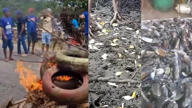 Pneus queimados em rodovia durante protesto de pescadores no Rio Grande do Norte.
