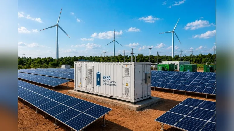 Baterias de armazenamento de energia BESS instaladas em parque renovável.