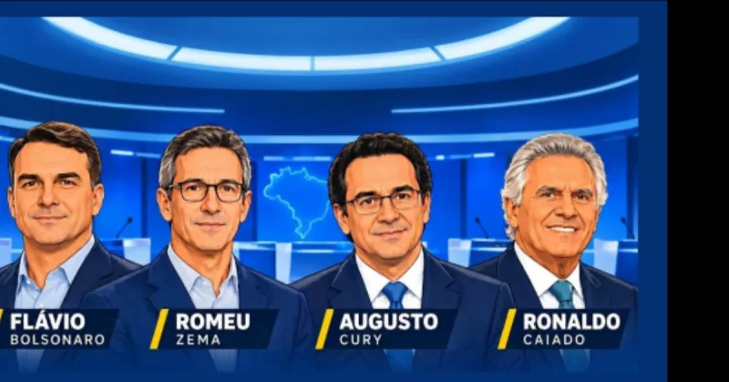 Flávio Bolsonaro, Augusto Cury, Ronaldo Caiado e Romeu Zema em arte promocional do debate da TV Globo.