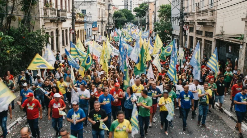 Cena de campanha eleitoral em uma rua brasileira com bandeiras e pessoas engajadas, foco em atmosfera política urbana diurna.