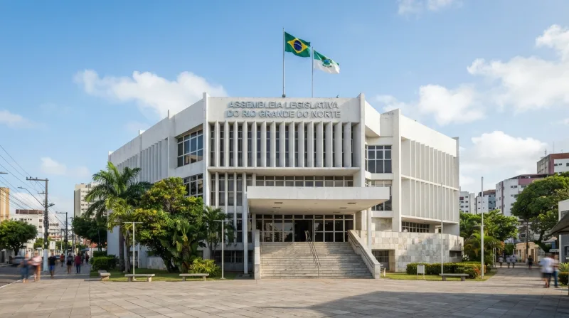 Cena urbana mostrando a fachada da Assembleia Legislativa do Rio Grande do Norte sob luz do dia, com foco arquitetônico institucional.