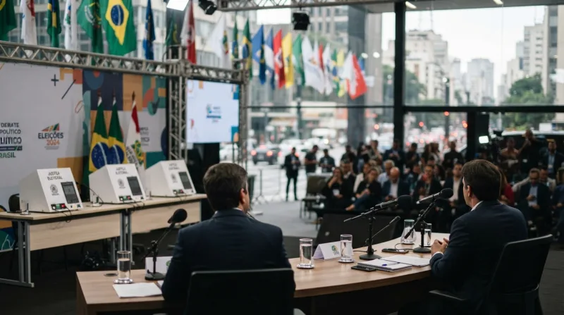 Cenário urbano com elementos que remetem a uma campanha eleitoral, urnas eletrônicas e bandeiras partidárias ao fundo, foco em ambiente de debate político.