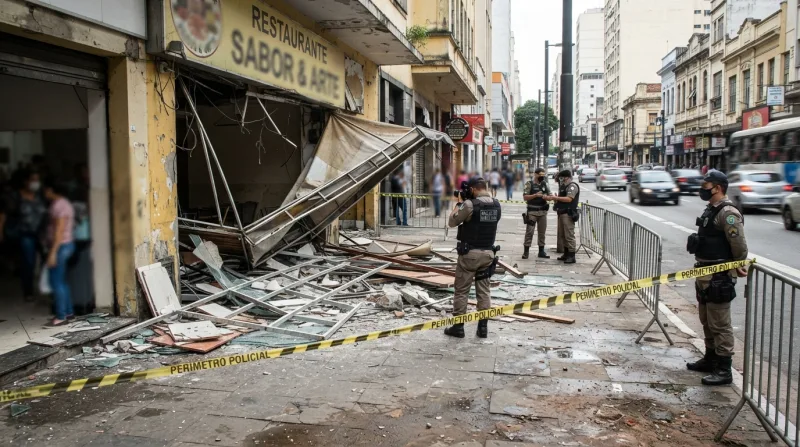 Fachada de um estabelecimento comercial com escombros de uma marquise caída na calçada, cena urbana, clima de investigação policial, iluminação diurna, realista.