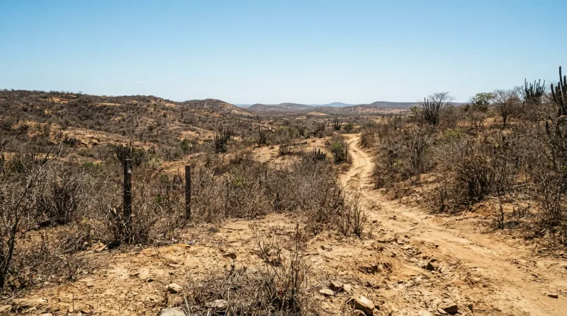 Paisagem árida do sertão nordestino sob sol forte, representando baixa umidade, com vegetação seca e céu claro, estilo fotojornalismo, sem pessoas.