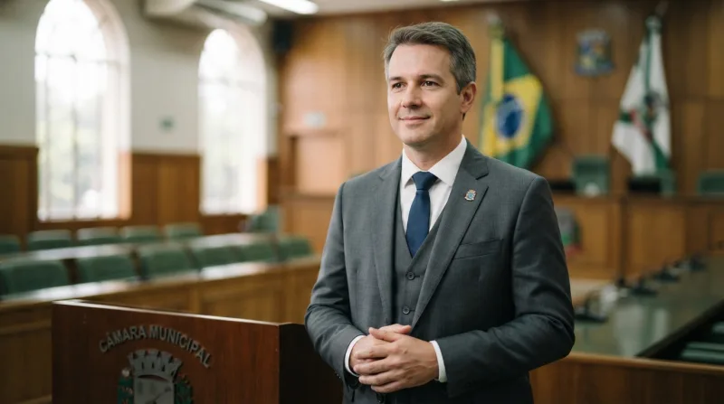 Vereador em ambiente legislativo formal, posando para foto oficial com semblante sereno, vestindo terno, iluminação profissional de estúdio.