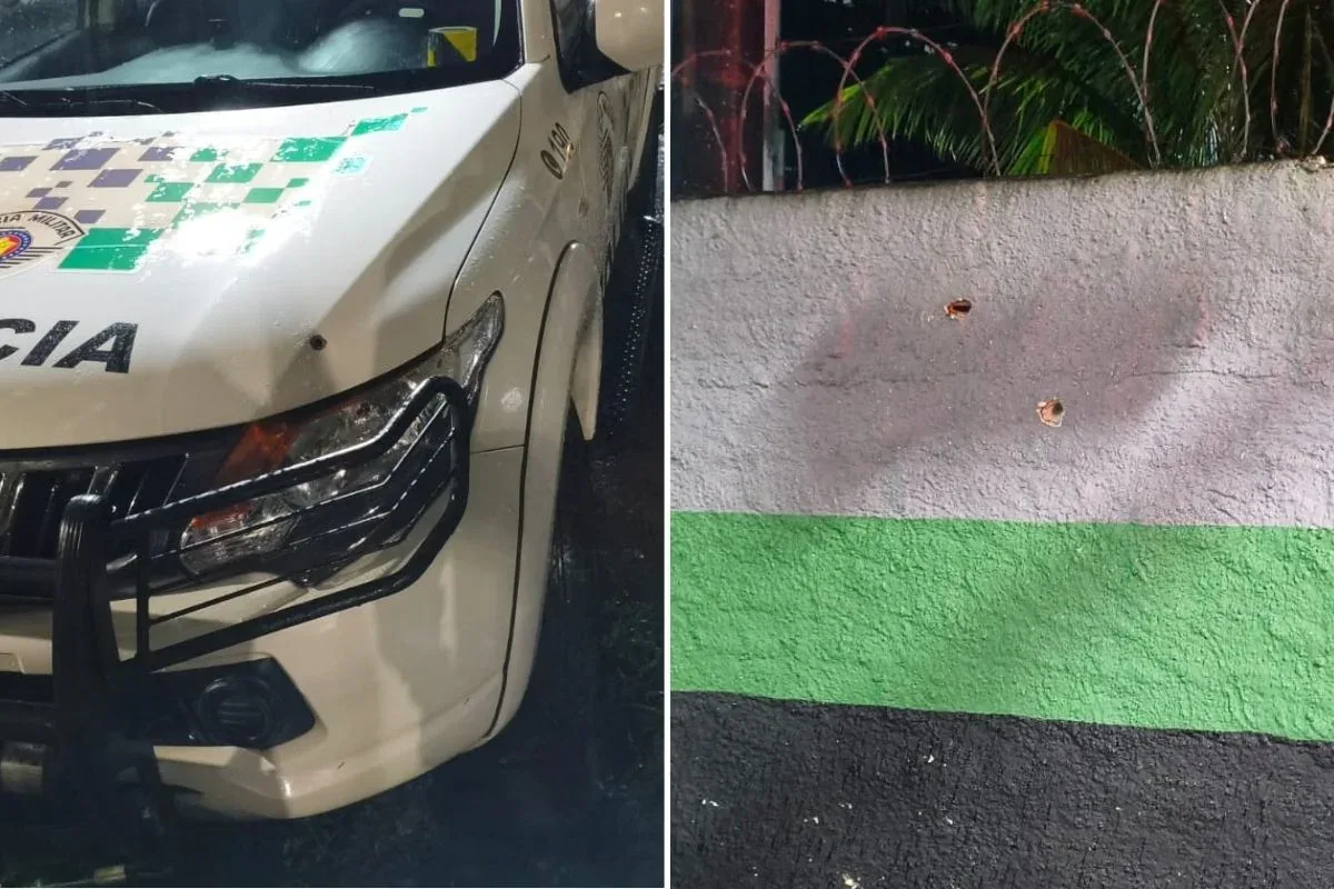 Estrutura da base da Polícia Militar Ambiental danificada por tiros.