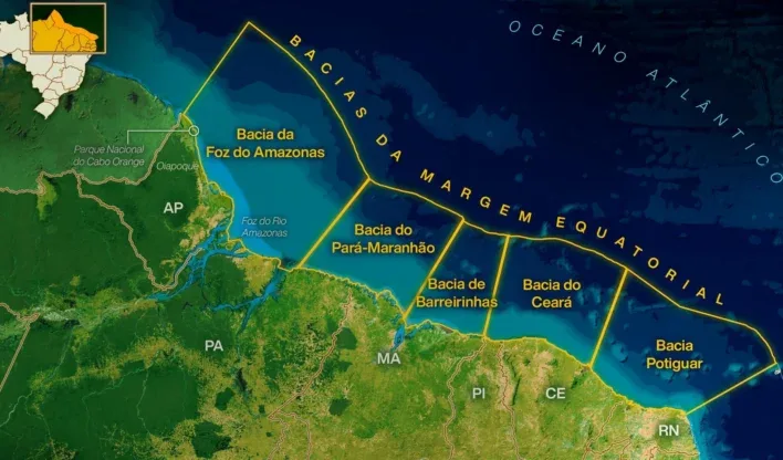 Mapa ilustrativo da Margem Equatorial Brasileira com destaque para bacias sedimentares.