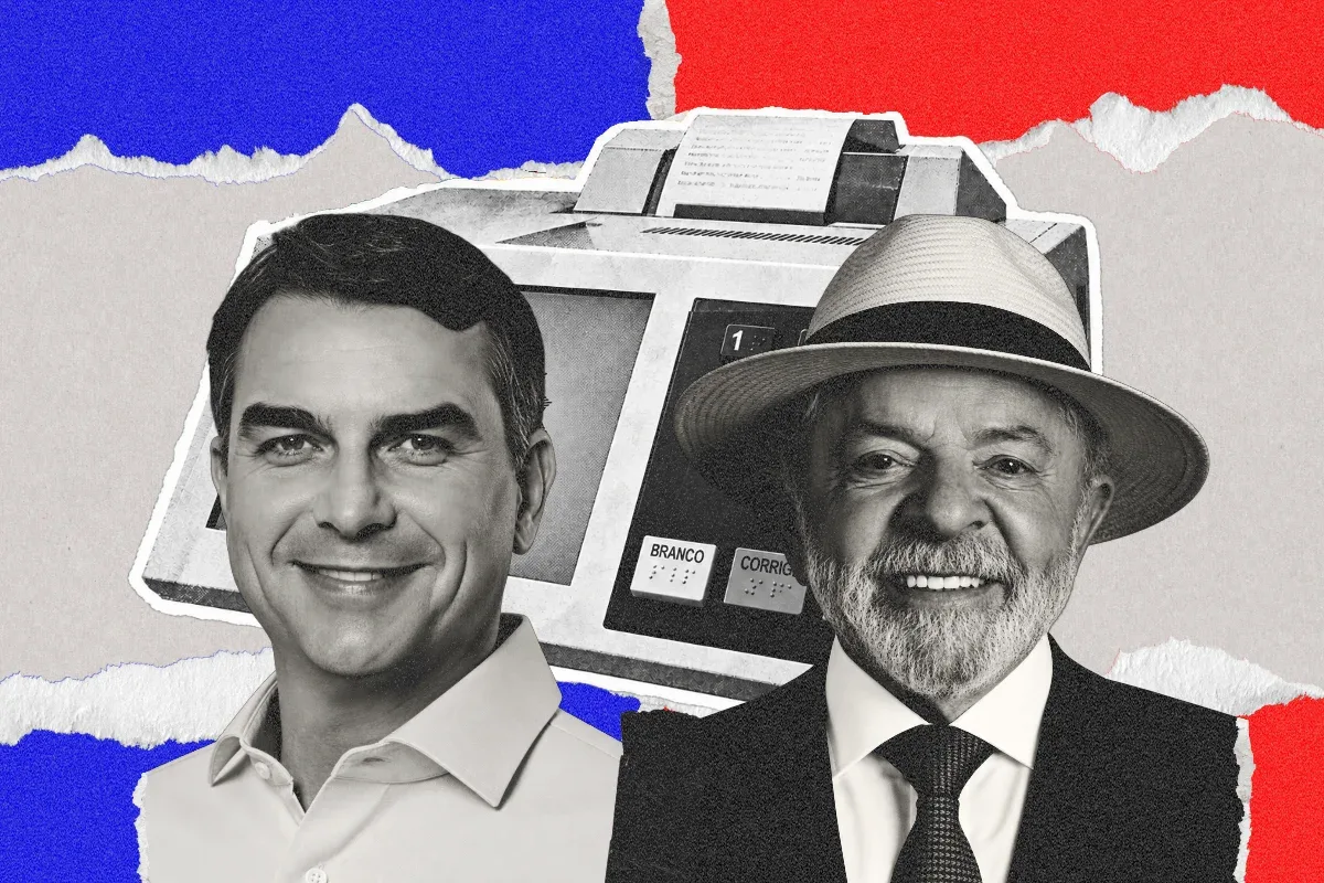 Foto dos candidatos Flávio Bolsonaro e Lula em montagem jornalística.