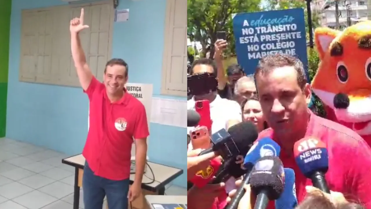 Cadu de Lula posando para fotos após votar no Colégio Marista em Natal.