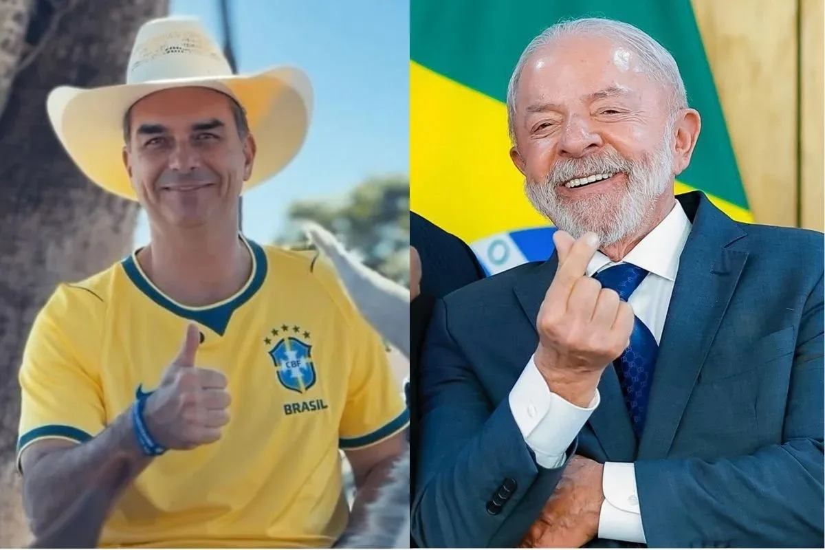 Lula e Flávio Bolsonaro lado a lado em material de campanha eleitoral.