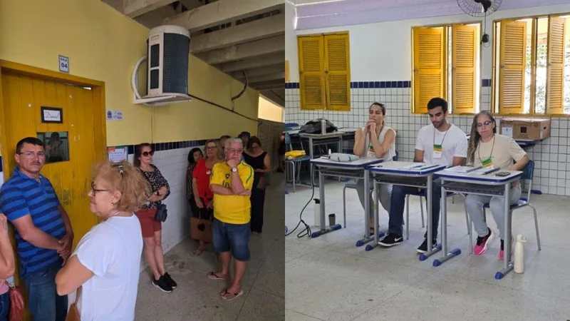 Filas de eleitores aguardando votação na Escola Estadual Walfredo Gurgel em Natal.