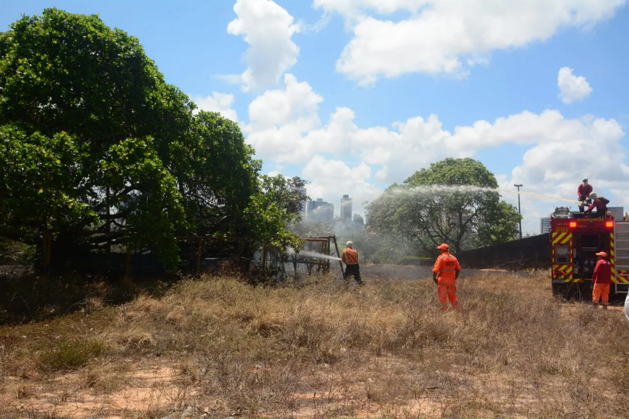 Bombeiros combatem incêndio em área de vegetação na UFRN utilizando mangueiras e caminhão.
