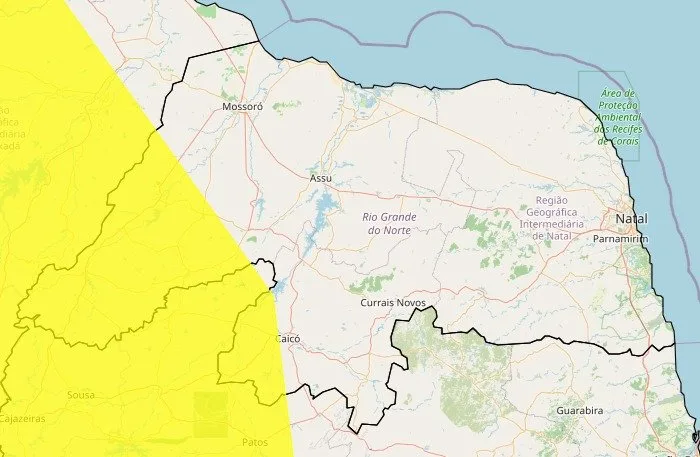 Mapa meteorológico indicando áreas de baixa umidade no Rio Grande do Norte