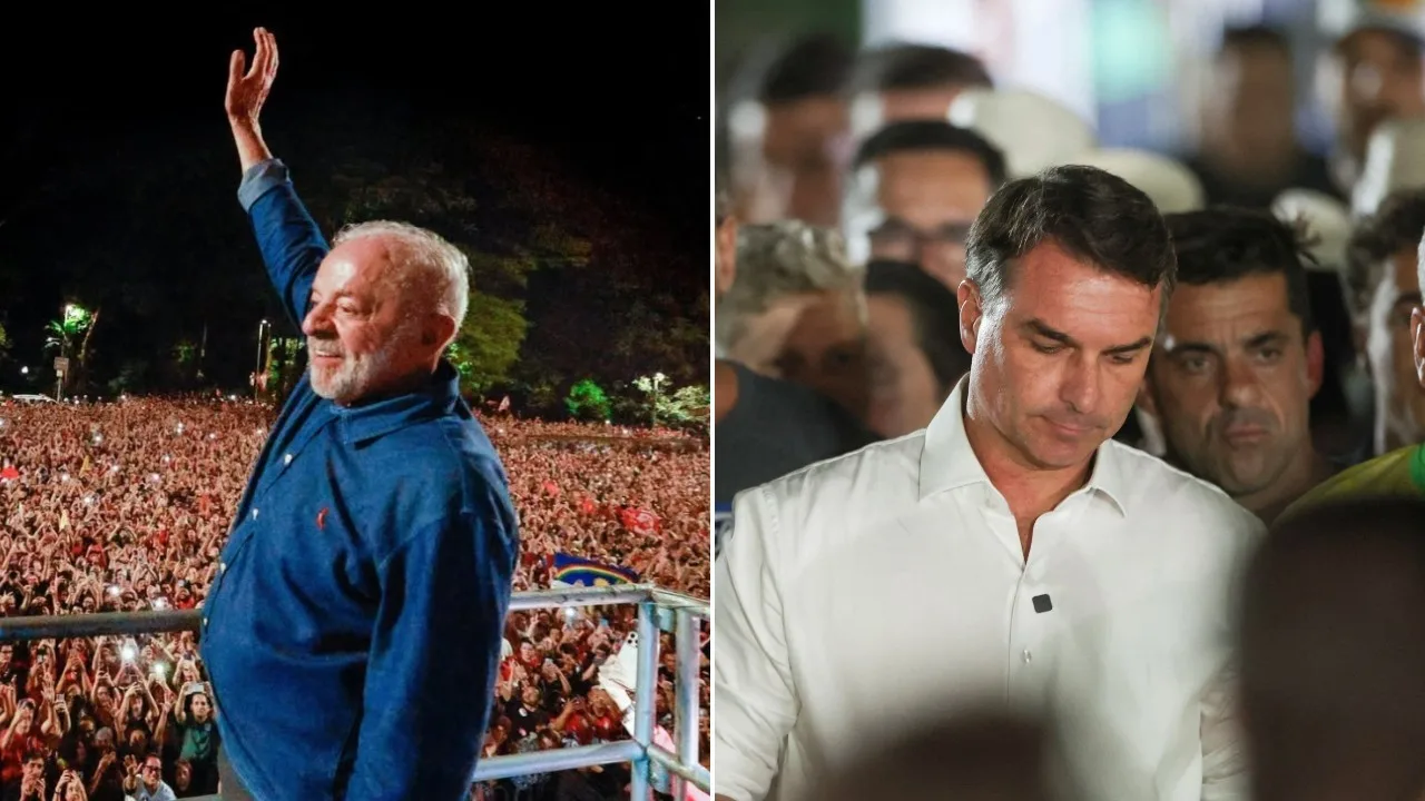 Montagem fotográfica de Luiz Inácio Lula da Silva e Flávio Bolsonaro, candidatos à presidência.