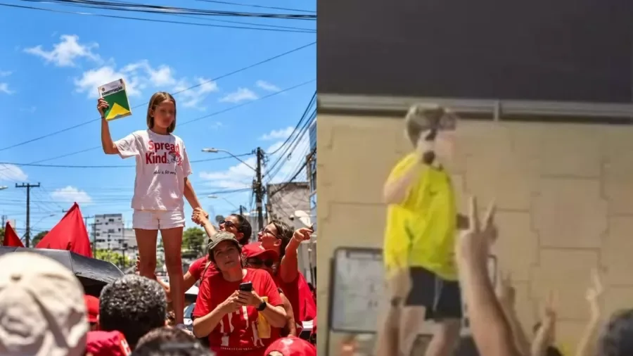 Comparação fotográfica entre criança com objeto de arma e criança com a Constituição Federal no RN