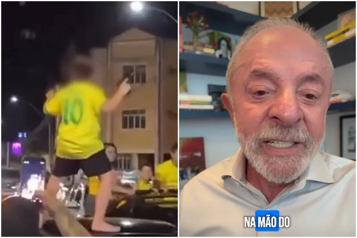 Imagem ilustrativa dividida entre a criança sobre o carro e o presidente Lula falando.