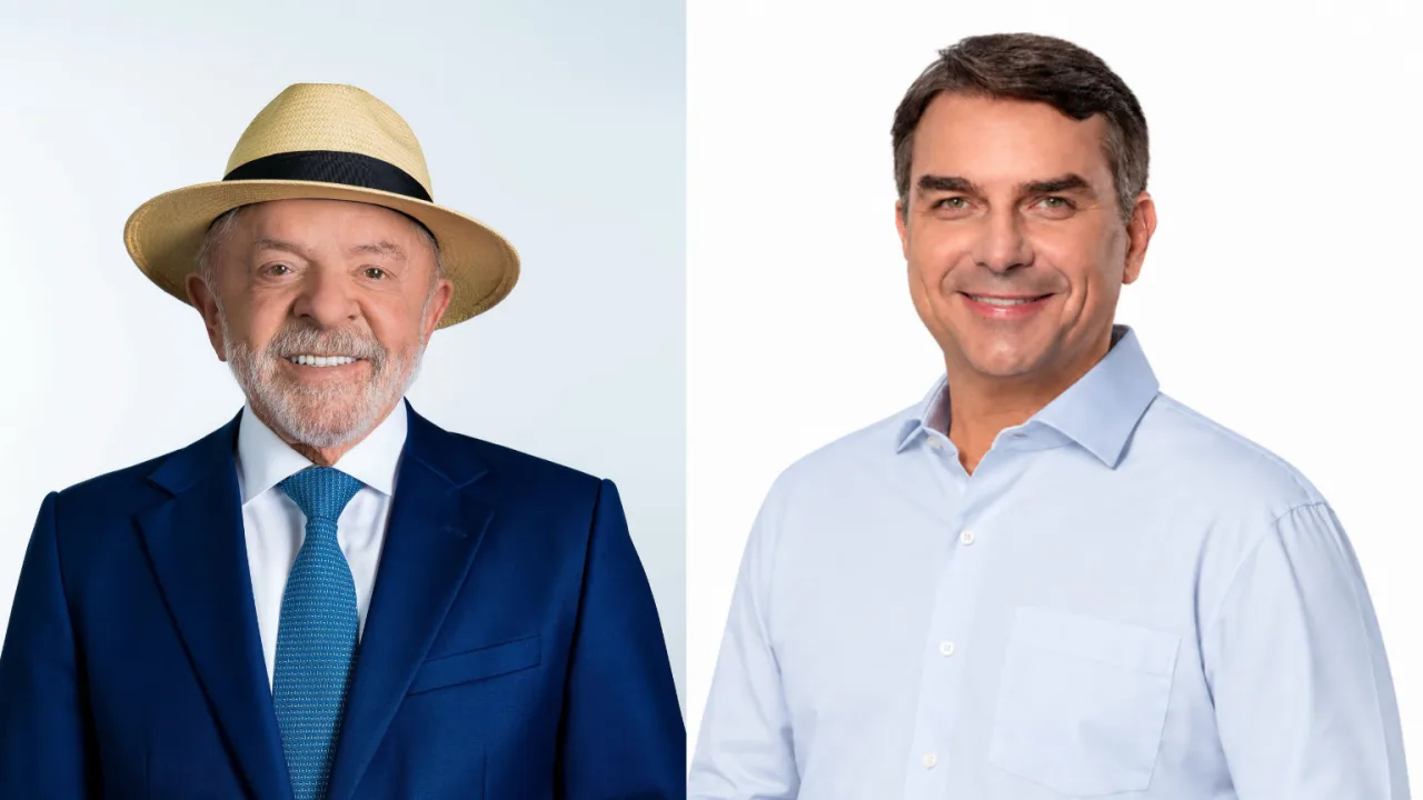 Lula e Flávio Bolsonaro lado a lado em montagem para a campanha eleitoral de 2026.