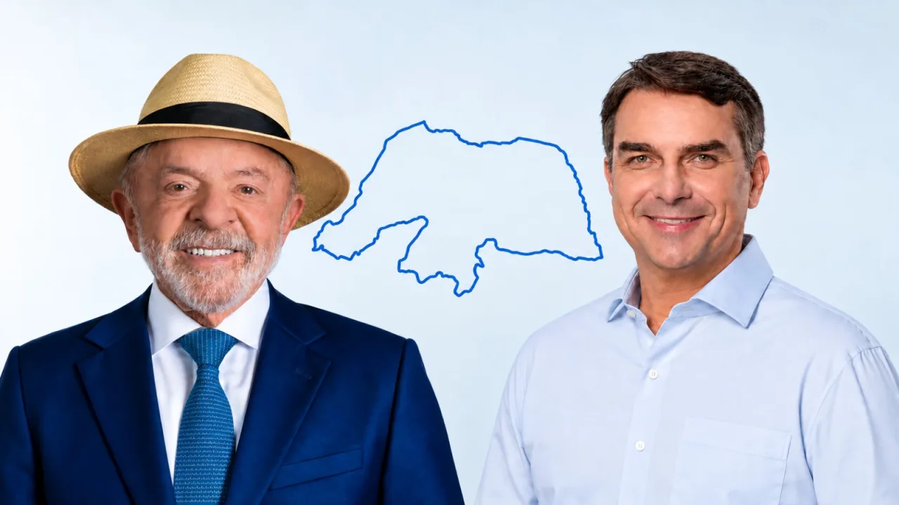 Candidatos Lula e Flávio Bolsonaro em arte comparativa sobre o mapa do Rio Grande do Norte.