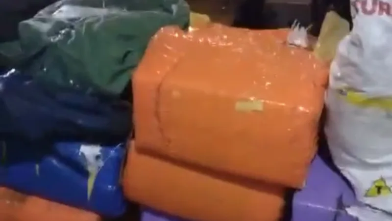 Pacotes de entorpecentes e prensa hidráulica apreendidos pela Polícia Militar.