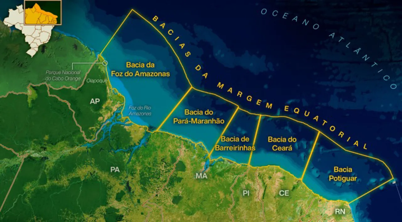 Mapa ilustrativo da Margem Equatorial Brasileira e áreas de exploração de petróleo