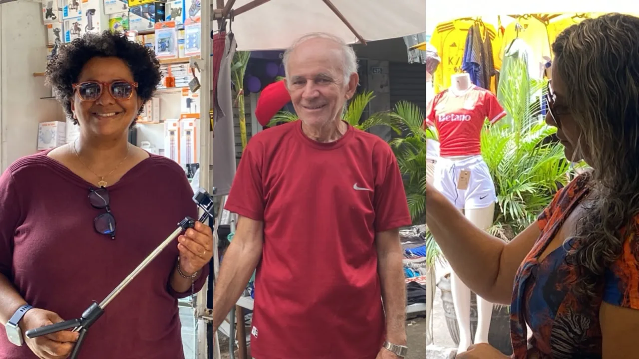 Comerciantes que trabalham no bairro Alecrim em Natal posam para foto.