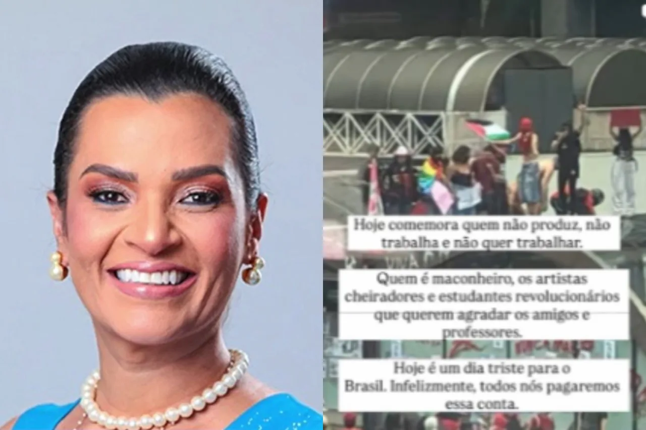 Montagem contendo o rosto da secretária e prints das postagens nas redes sociais