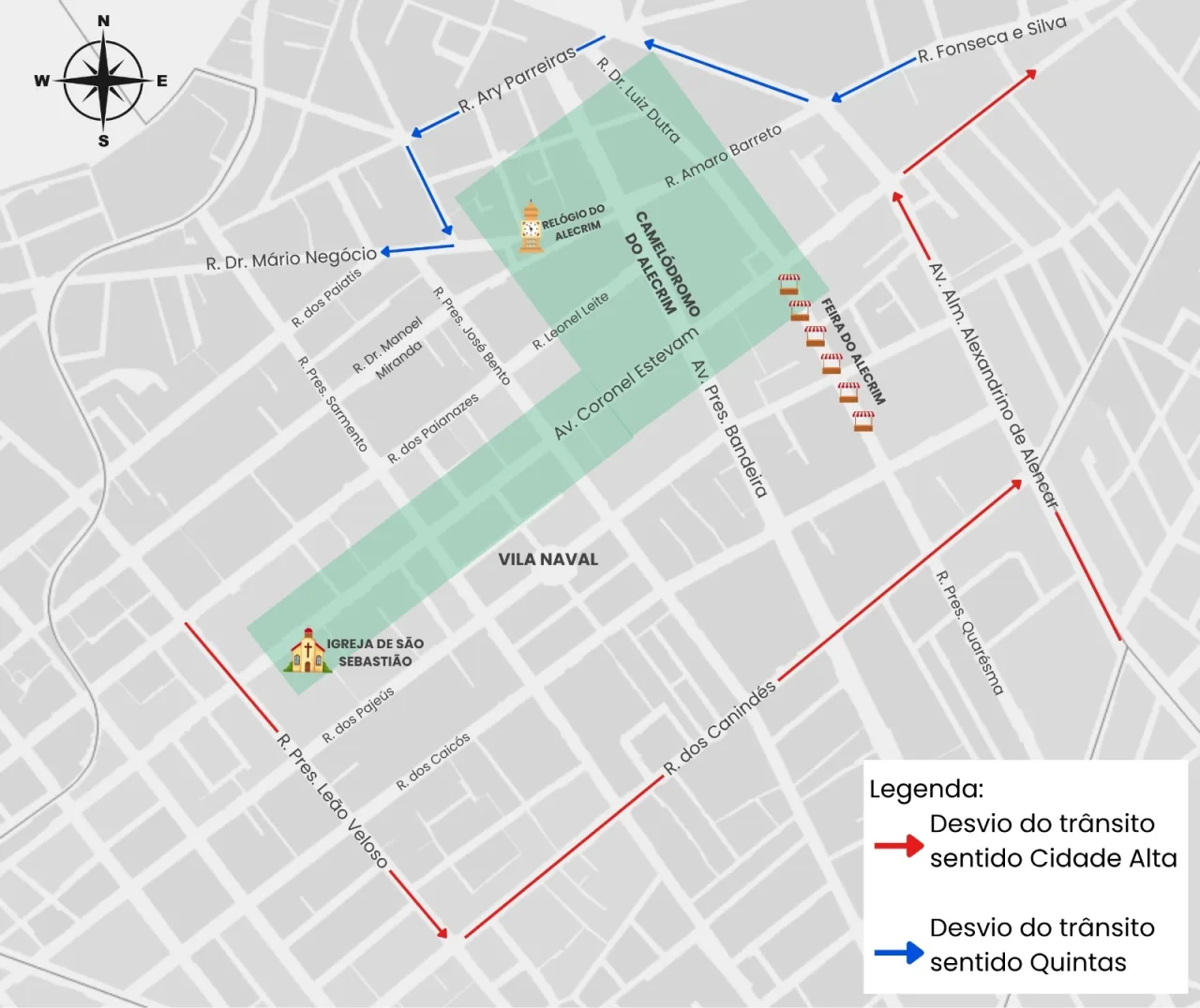 Mapa das interdições de trânsito no Alecrim, Natal.