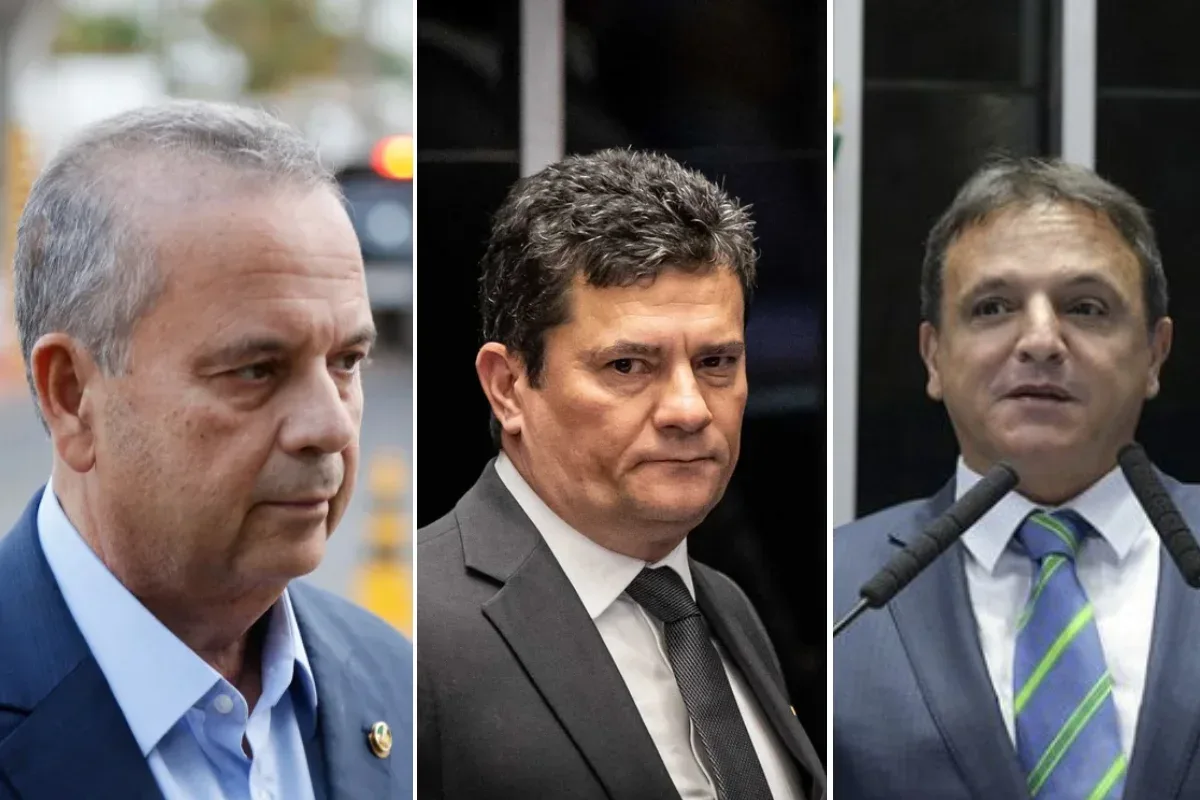 Foto dos senadores Rogério Marinho, Sergio Moro e Marcio Bittar no Senado Federal.