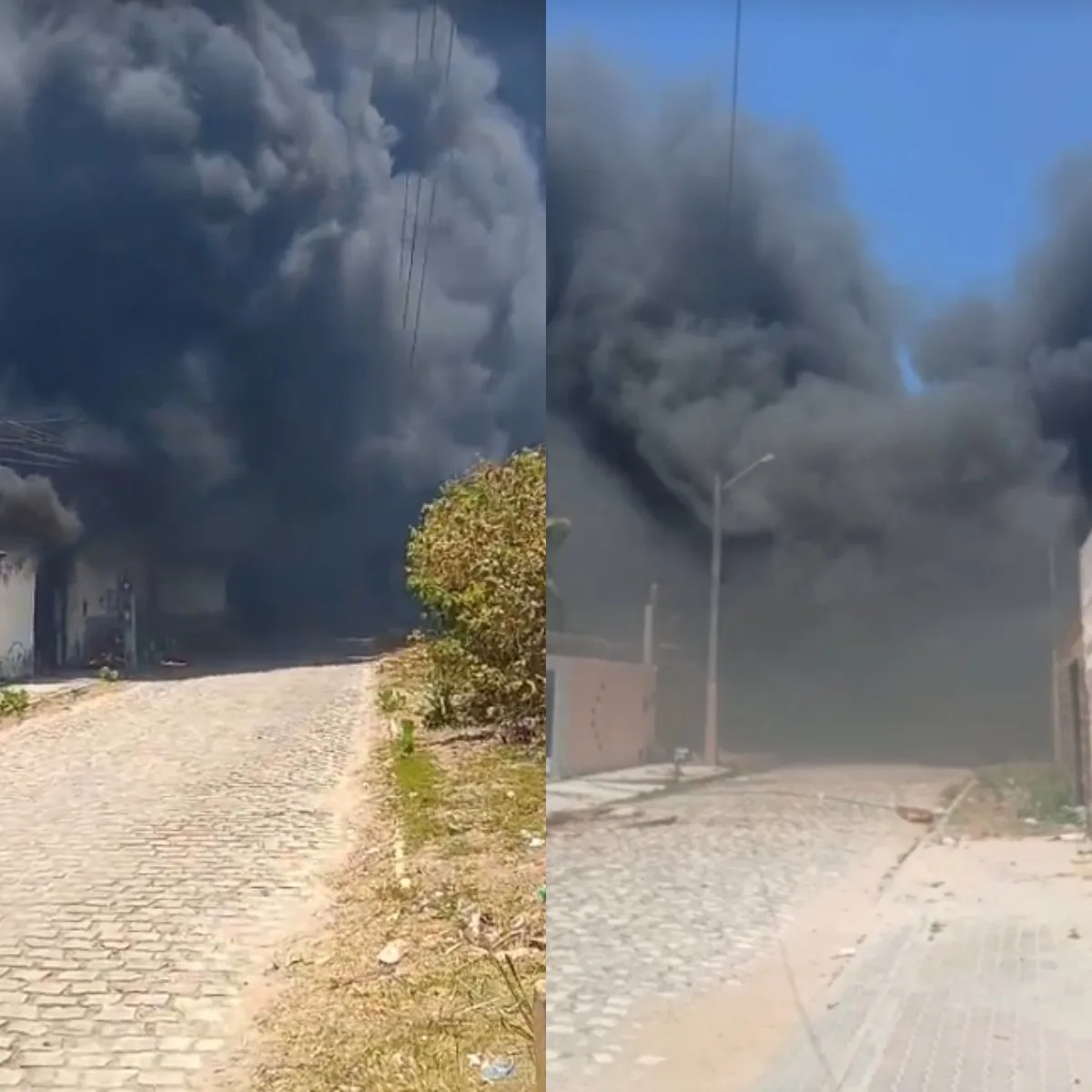 Equipes do Corpo de Bombeiros combatendo chamas em galpão de materiais recicláveis em Mossoró.