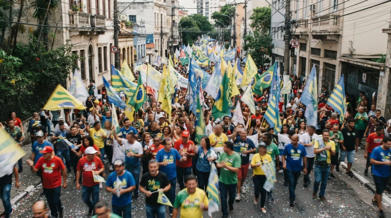 Cena de campanha eleitoral em uma rua brasileira com bandeiras e pessoas engajadas, foco em atmosfera política urbana diurna.