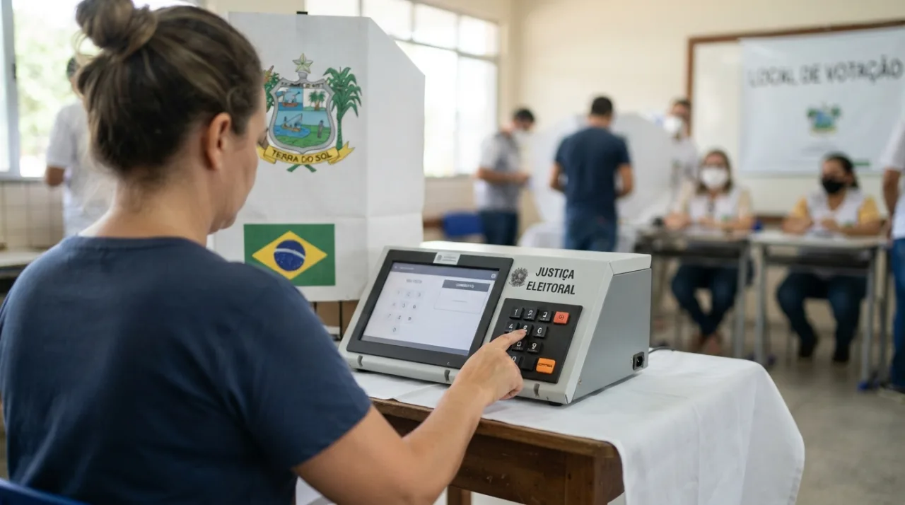 Cena representativa de urna eletrônica brasileira com bandeira do Rio Grande do Norte ao fundo, foco em conceito de votação e democracia, iluminação profissional neutra.