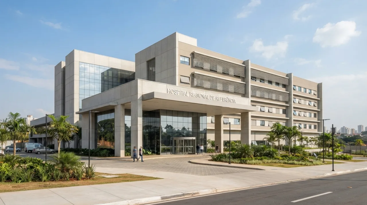 Fachada de um hospital moderno visto sob a luz do dia, ambiente limpo e austero, foco em arquitetura hospitalar de referência no interior brasileiro, tons neutros.