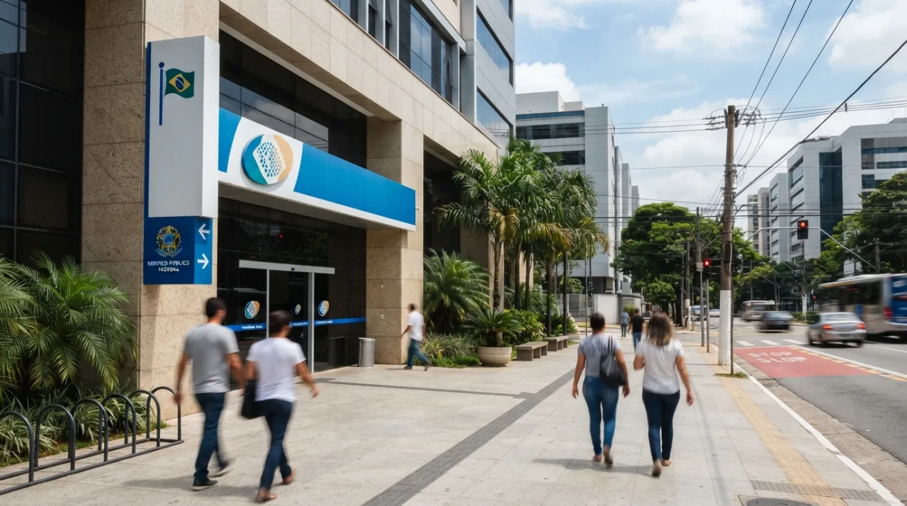 Fachada institucional do órgão de previdência social brasileiro com foco na sinalização pública e ambiente urbano organizado.