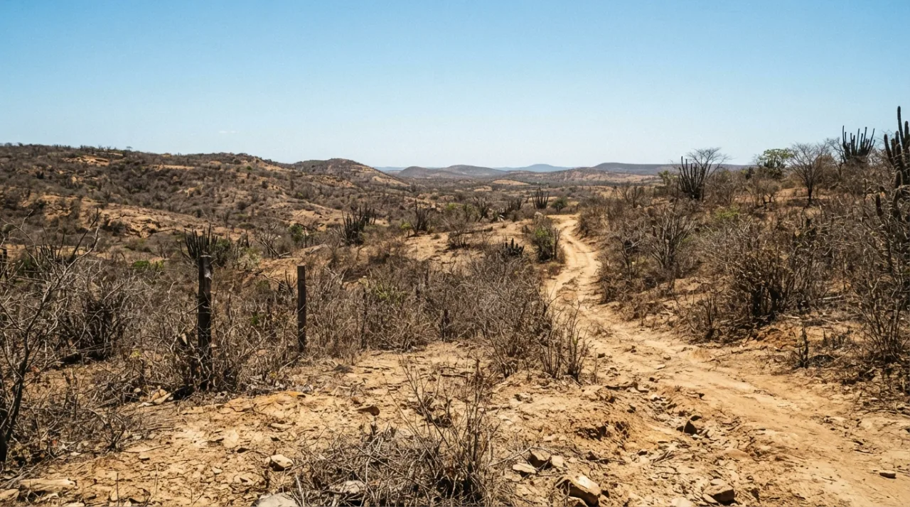 Paisagem árida do sertão nordestino sob sol forte, representando baixa umidade, com vegetação seca e céu claro, estilo fotojornalismo, sem pessoas.