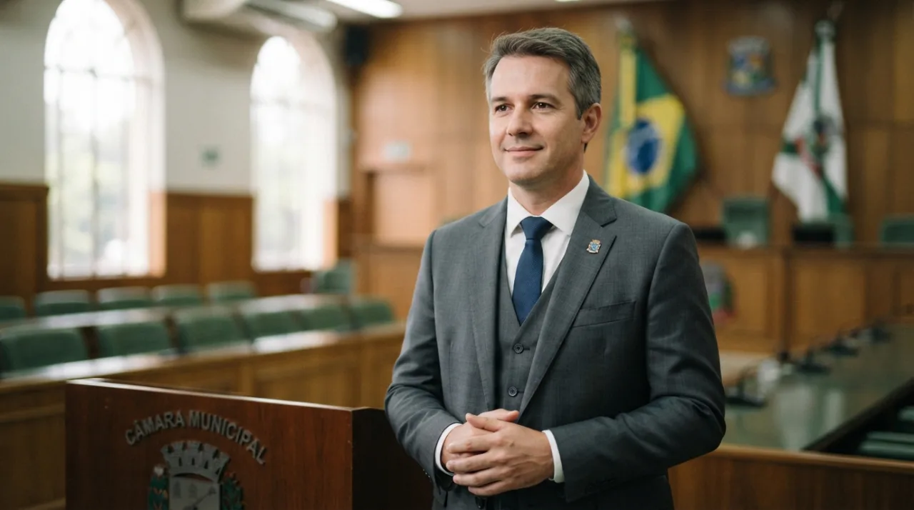Vereador em ambiente legislativo formal, posando para foto oficial com semblante sereno, vestindo terno, iluminação profissional de estúdio.